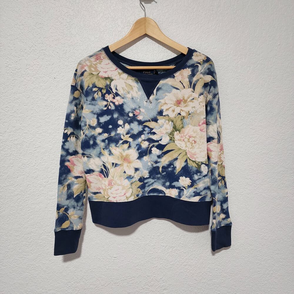 Polo Ralph Lauren Floral Pullover Sweatshirt Crewneck Navy Blue Pink Small